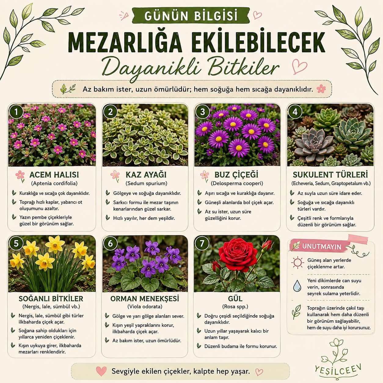 Mezarlığa ekilebilecek dayanıklı bitkiler: Acem halısı, kaz ayağı, buz çiçeği, sukulent, soğanlı bitkiler, orman menekşesi, gül